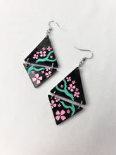 Load image into Gallery viewer, Vaporwave Cherry Blossom Tree Aesthetic Dangle Earrings Iridescent/Black Sparkle