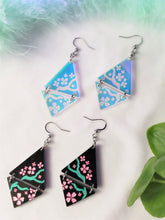 Load image into Gallery viewer, Vaporwave Cherry Blossom Tree Aesthetic Dangle Earrings Iridescent/Black Sparkle