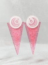 Load image into Gallery viewer, 80s White and Pink Moon Star Sparkle Glitter Triangle Geometric Stud Earrings