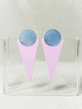 Load image into Gallery viewer, 80s Pastel Blue and Violet Moon Star Sparkle Glitter Triangle Geometric Stud Earrings