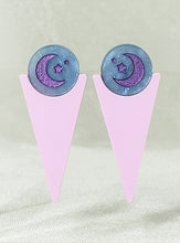 Load image into Gallery viewer, 80s Pastel Blue and Violet Moon Star Sparkle Glitter Triangle Geometric Stud Earrings