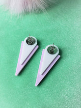 Load image into Gallery viewer, 80s Pastel Blue and Violet Moon Star Sparkle Glitter Triangle Geometric Stud Earrings