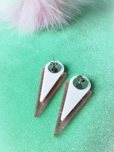 Load image into Gallery viewer, 80s White and Pink Moon Star Sparkle Glitter Triangle Geometric Stud Earrings
