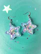 Load image into Gallery viewer, Shaker Star with Heart and Star Glitter UV Reactive Earrings-Black or Clear