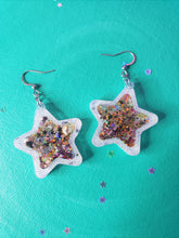 Load image into Gallery viewer, Halloween Shaker Star with Moon and Bat Glitter UV Reactive Earrings