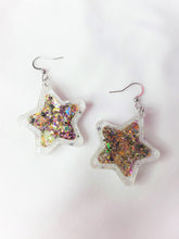 Load image into Gallery viewer, Halloween Shaker Star with Moon and Bat Glitter UV Reactive Earrings