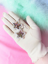 Load image into Gallery viewer, Halloween Shaker Star with Moon and Bat Glitter UV Reactive Earrings