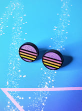 Load image into Gallery viewer, Bright Vaporwave Black with Gold Sparkle Retro Sun/Moon Stud