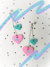 Load image into Gallery viewer, Teal and Pink Retro Mismatched Heart Earrings