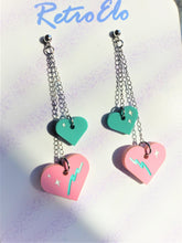 Load image into Gallery viewer, Teal and Pink Retro Mismatched Heart Earrings