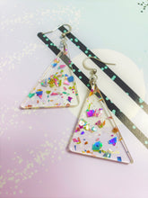 Load image into Gallery viewer, Retro Rainbow Confetti Glitter Triangle Earrings | 80s | 90s