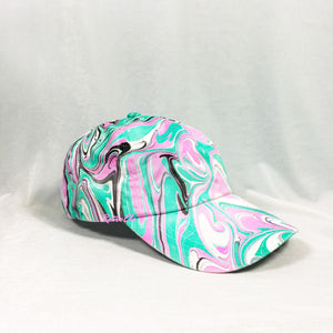 Teal Pink Wave Swirl Retro Inspired Blacklight Dad Hat-Marble Dipped