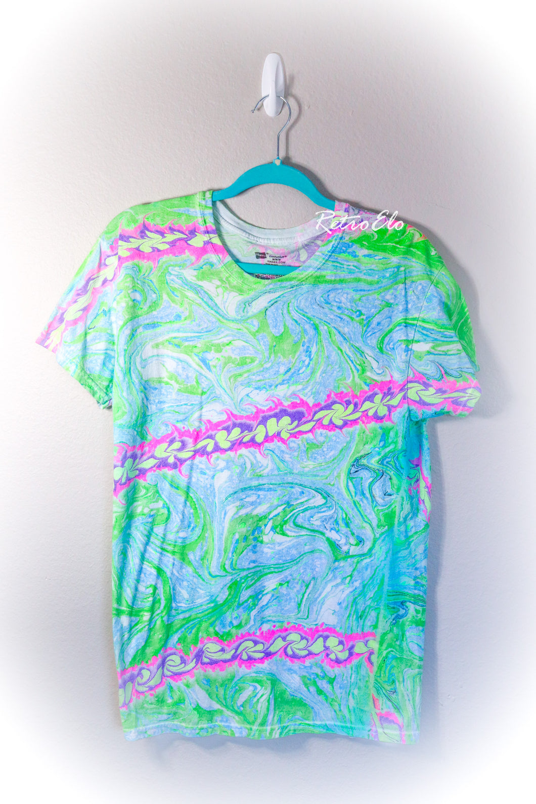 Green with Pink Waves Marbled Shirt-Adult Medium