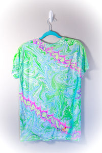 Green with Pink Waves Marbled Shirt-Adult Medium