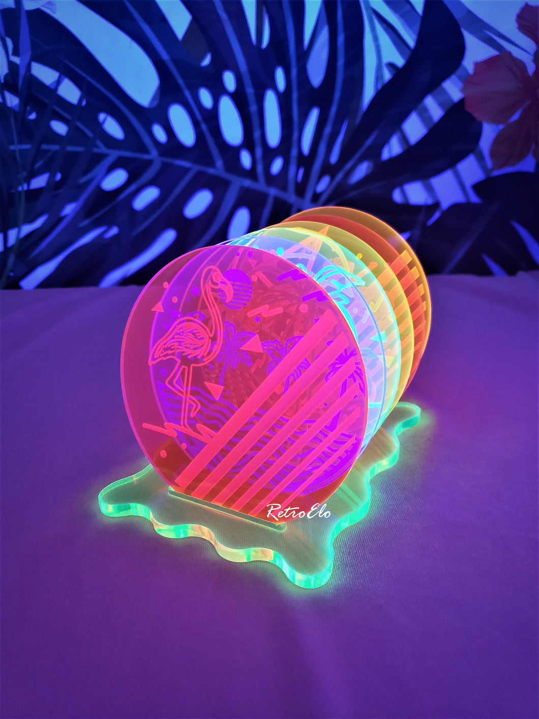Fluorescent UV Acrylic Coaster Set-Flamingo Paradise