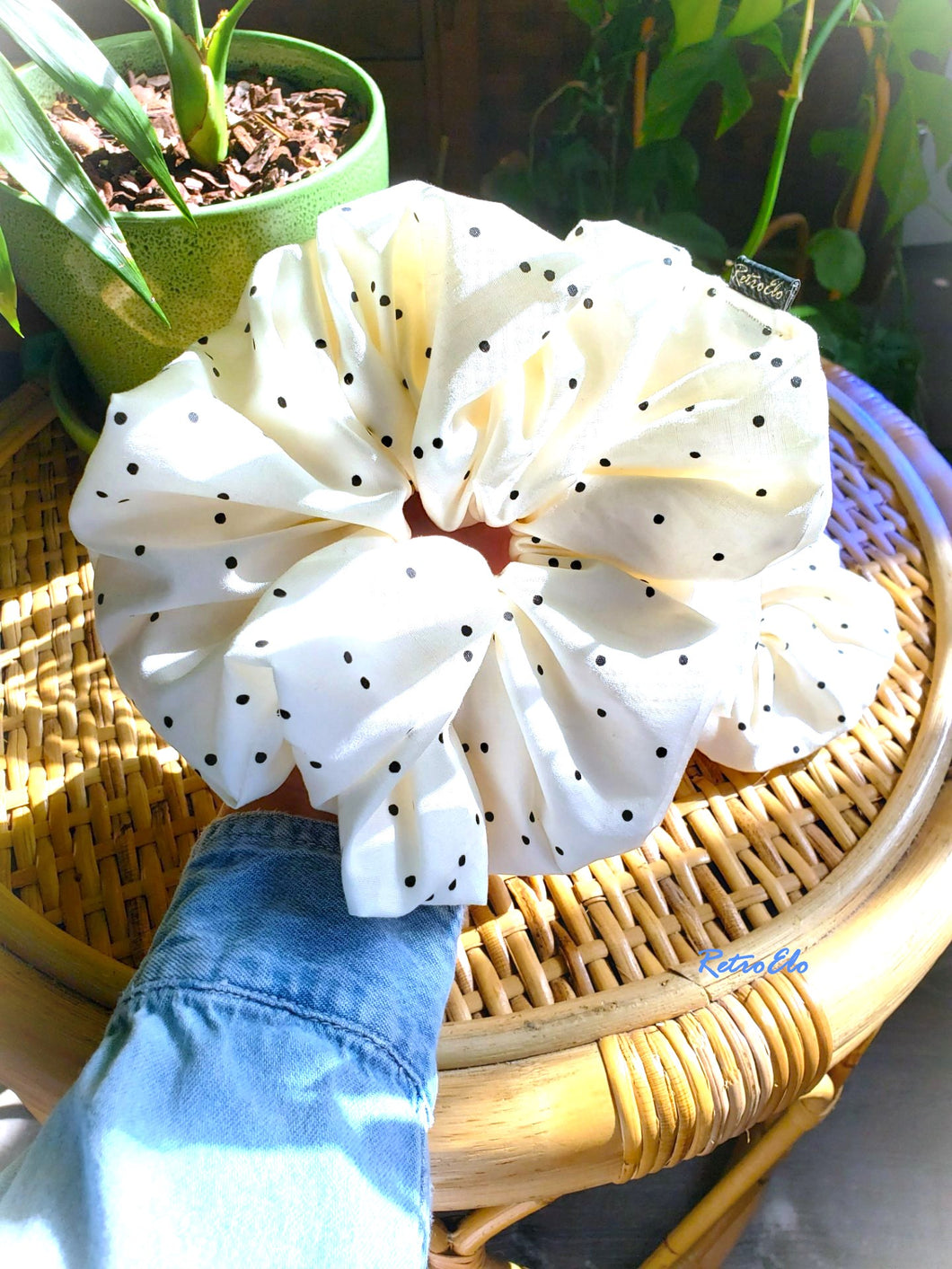 White Polka Dot Handmade Cotton XL Scrunchie