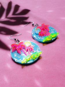 Summer Vacation Vaporwave Blacklight Acrylic Palm Tree Earrings