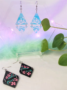 Vaporwave Cherry Blossom Tree Aesthetic Dangle Earrings Iridescent/Black Sparkle