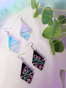 Vaporwave Cherry Blossom Tree Aesthetic Dangle Earrings Iridescent/Black Sparkle