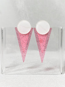 80s White and Pink Moon Star Sparkle Glitter Triangle Geometric Stud Earrings