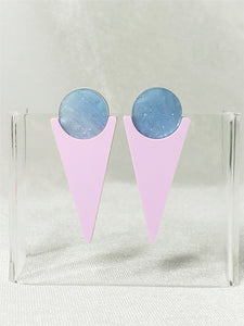 80s Pastel Blue and Violet Moon Star Sparkle Glitter Triangle Geometric Stud Earrings