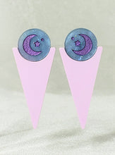 Load image into Gallery viewer, 80s Pastel Blue and Violet Moon Star Sparkle Glitter Triangle Geometric Stud Earrings
