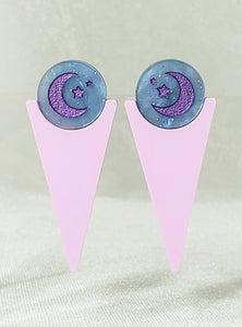 80s Pastel Blue and Violet Moon Star Sparkle Glitter Triangle Geometric Stud Earrings