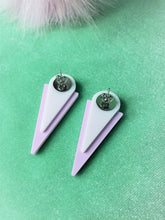 Load image into Gallery viewer, 80s Pastel Blue and Violet Moon Star Sparkle Glitter Triangle Geometric Stud Earrings
