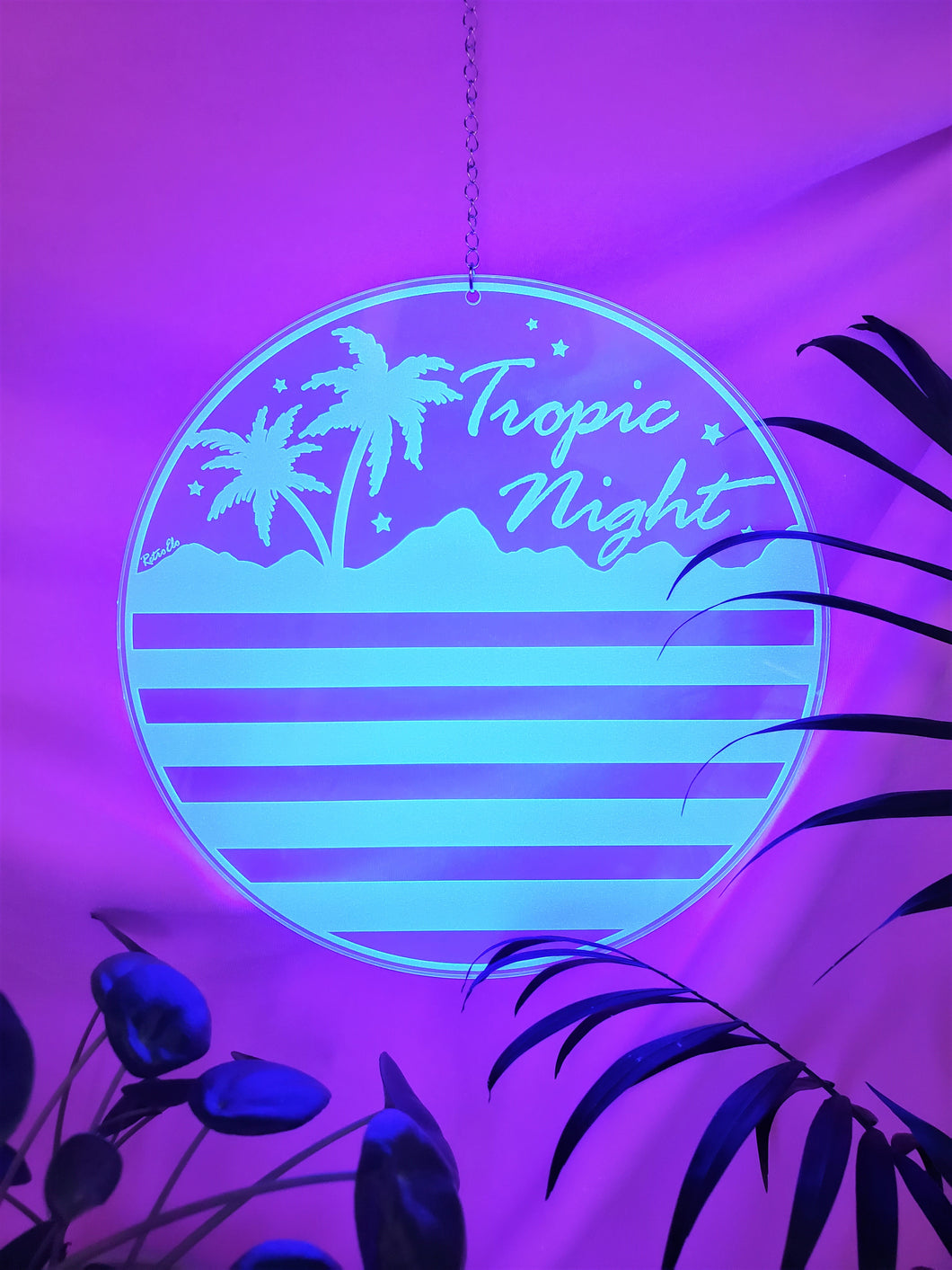 Tropic Night-Retro Synthwave Blue Moon  Acrylic Art Wall Hanging Circle