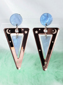 80s Rose Gold Mirrored Earrings with Blue Marble Stud