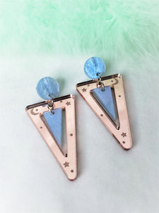 80s Rose Gold Mirrored Earrings with Blue Marble Stud