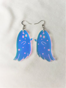 Rainbow Iridescent Ghost Earrings with Moon and Stars