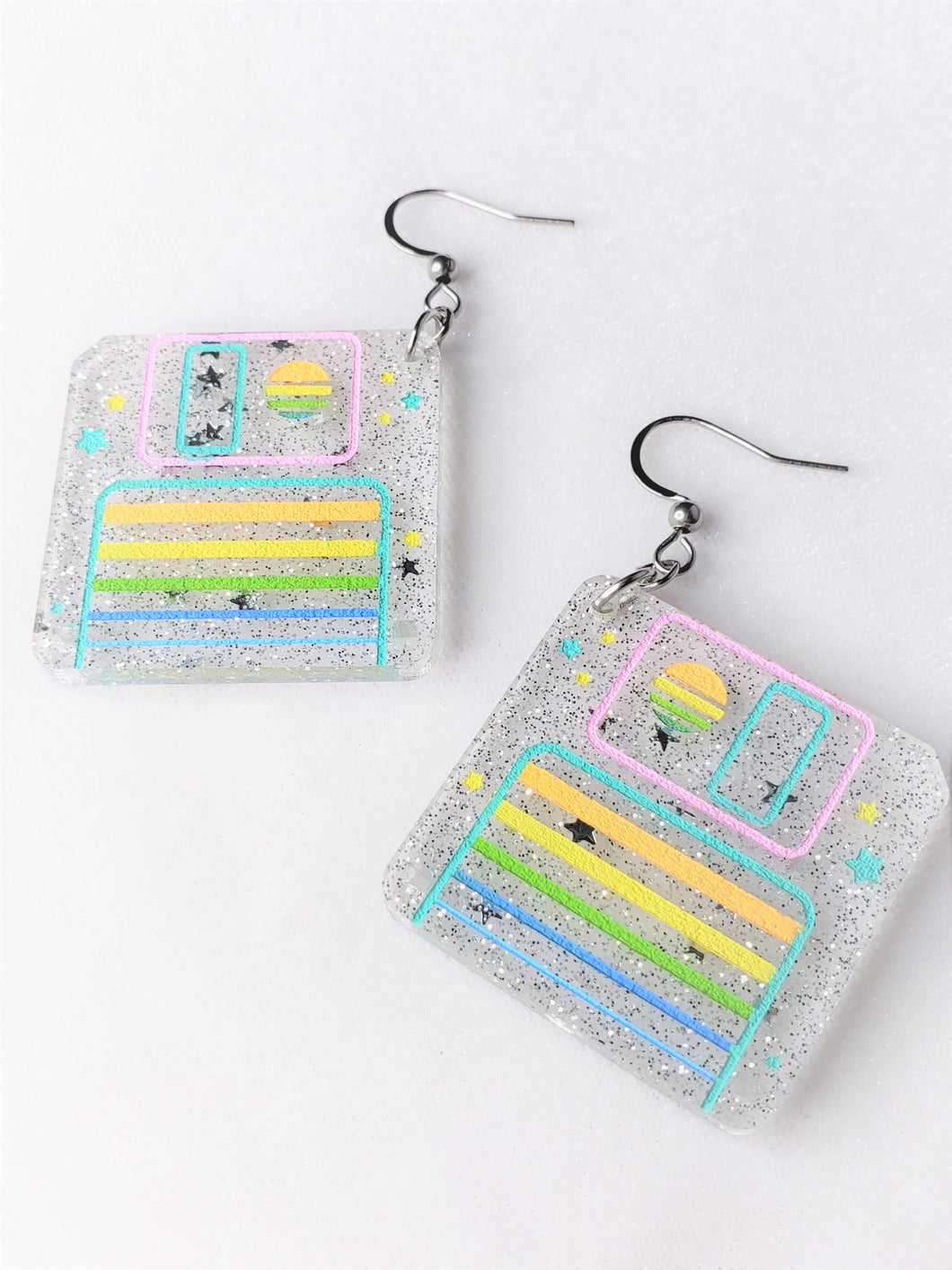 Pastel Rainbow Mini Diskette Star Glitter Earrings