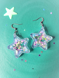 Shaker Star with Heart and Star Glitter UV Reactive Earrings-Black or Clear